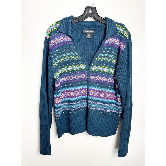 Norton Mcnaughton Fair Isle Retro Button Up Cardigan XL Blue Green Womens Collar - Picture 1 of 10